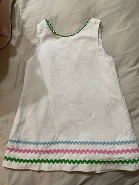 White Girls' A-Line Dress with Pink, Blue, and Green Trim